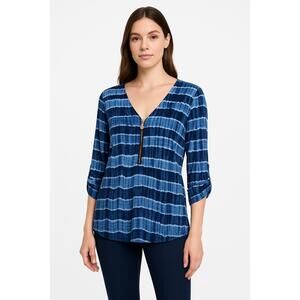 Michael Kors Blue‎ Zipper Front Tie Dye Roll Tab Sleeve V Neck Blouse Size Large